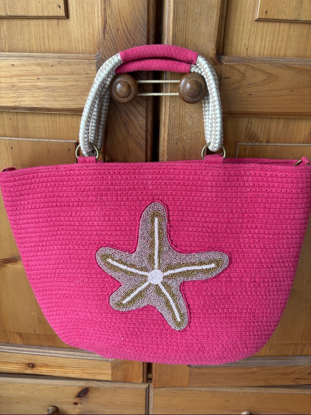 Hot Pink Woven Tote Bag with beaded Starfish Accent